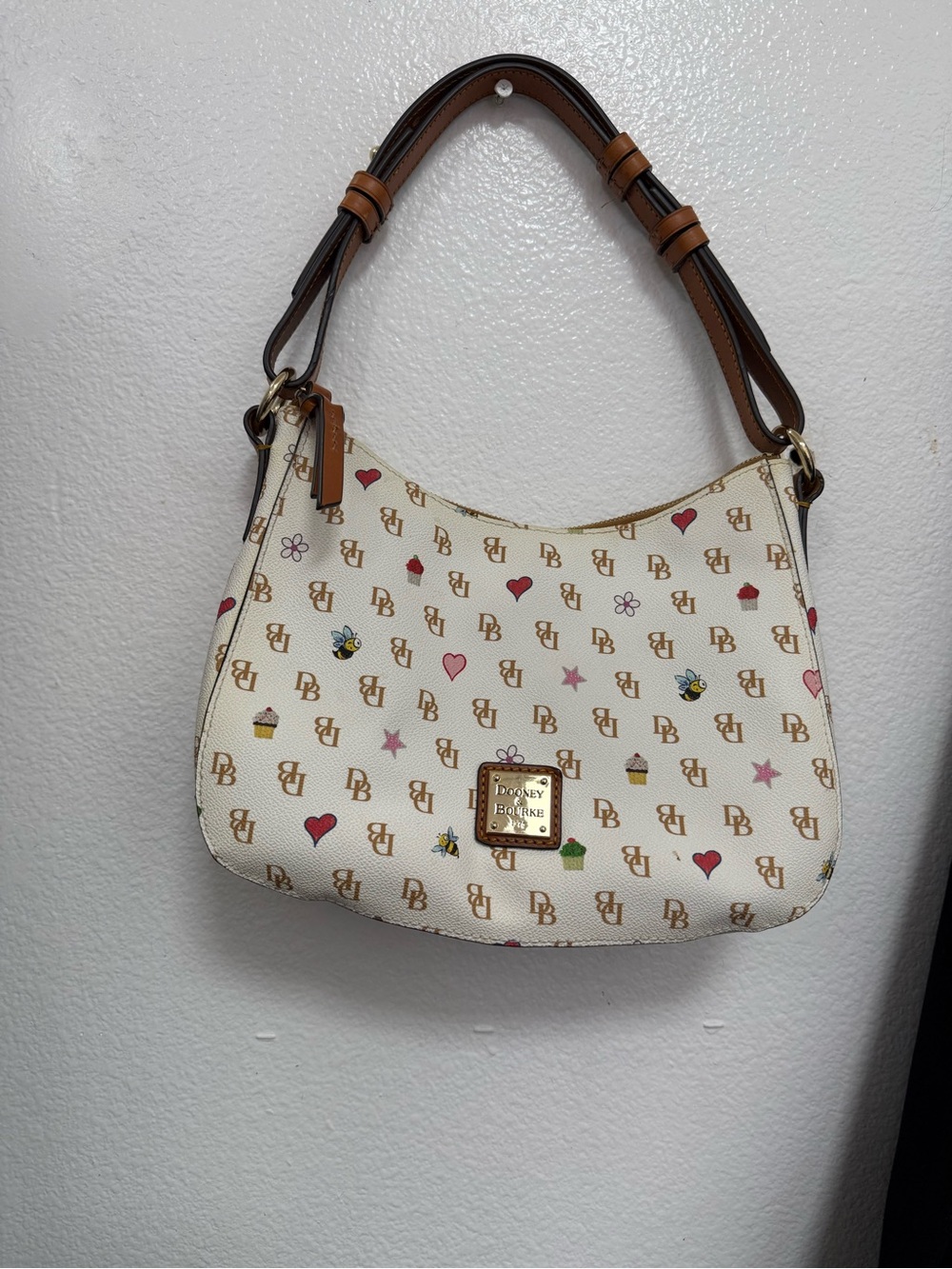Dooney & Bourke Cream Logo Print Shoulder Bag with Brown Trim
